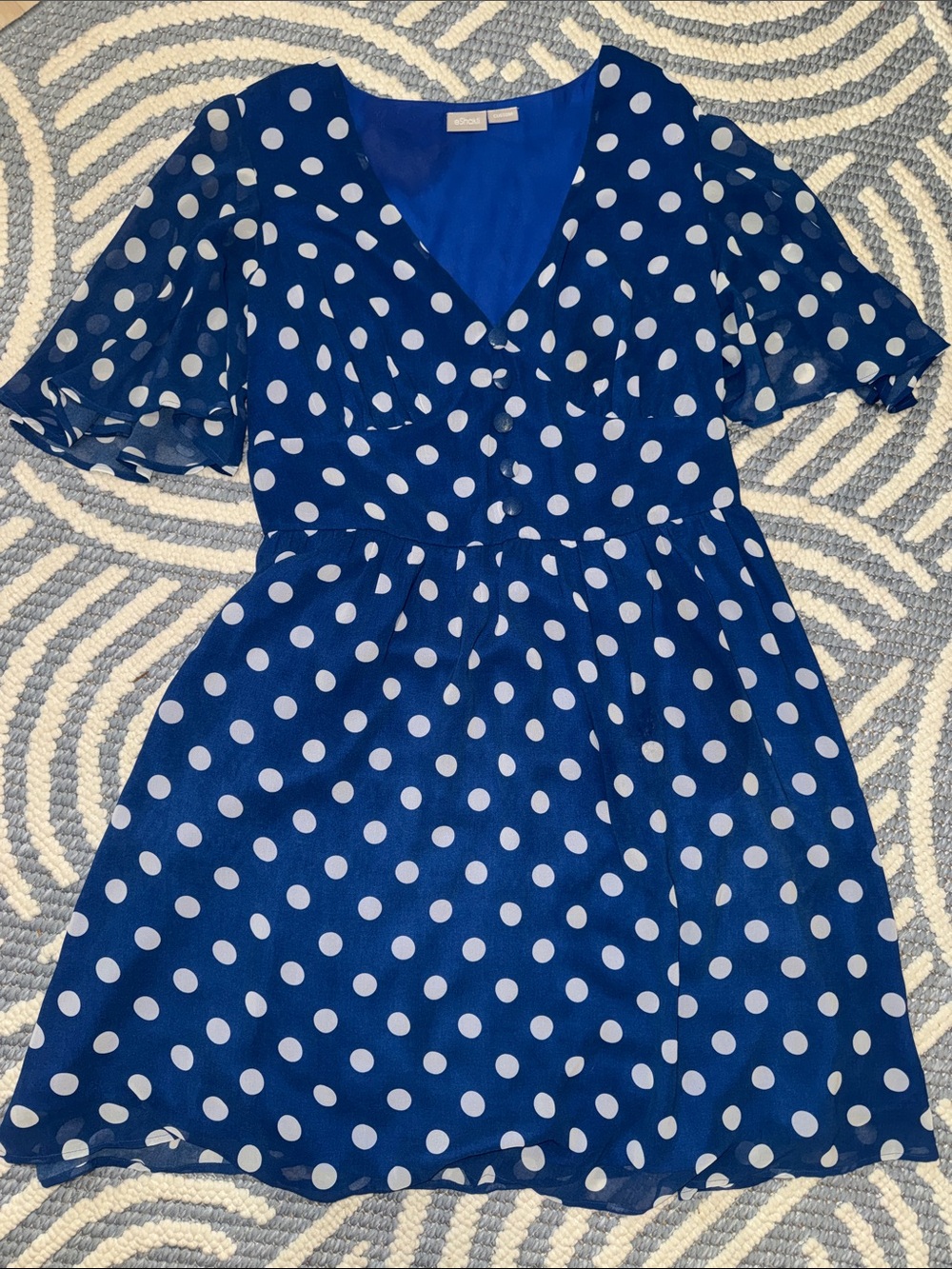 eShakti Custom Blue Polka Dot Fit & Flare Dress Flutter Sleeve Vintage Inspired